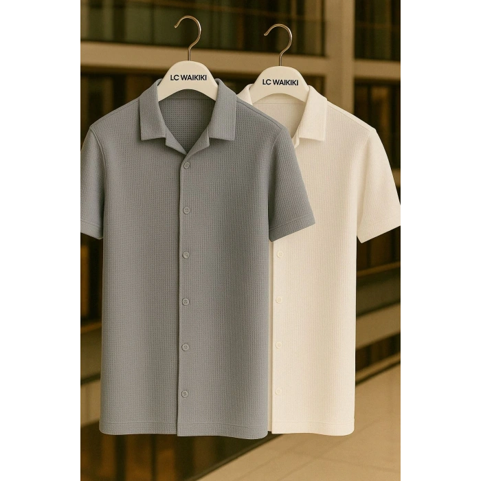 2 li Avantajlı Paket %100 Pamuk Kısa Kol Düğmeli Premium Erkek Waffle Gömlek