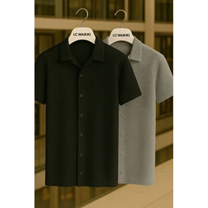 2 li Avantajlı Paket %100 Pamuk Kısa Kol Düğmeli Premium Erkek Waffle Gömlek