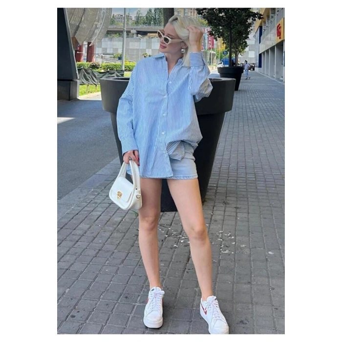 2 Li Kombin ( kazak + gömlek ) Kadın Oversize Kalıp Kışlık Kazak ve Çizgili Gömlek