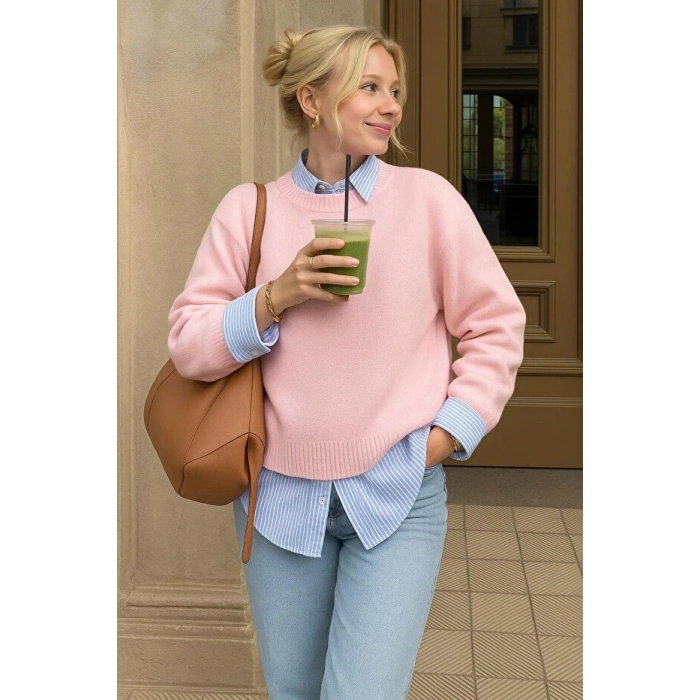 2 Li Kombin ( kazak + gömlek ) Kadın Oversize Kalıp Kışlık Kazak ve Çizgili Gömlek