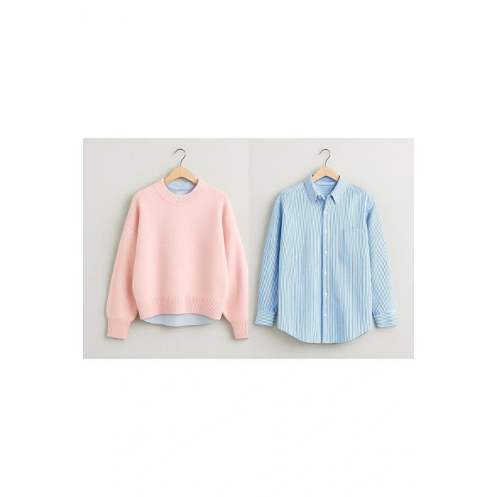 2 Li Kombin ( kazak + gömlek ) Kadın Oversize Kalıp Kışlık Kazak ve Çizgili Gömlek