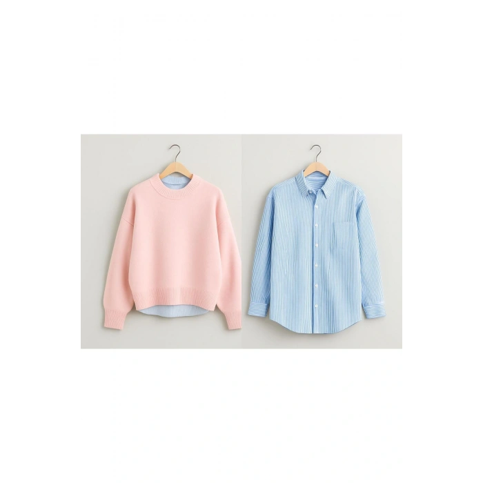 2 Li Kombin ( kazak + gömlek ) Kadın Oversize Kalıp Kışlık Kazak ve Çizgili Gömlek