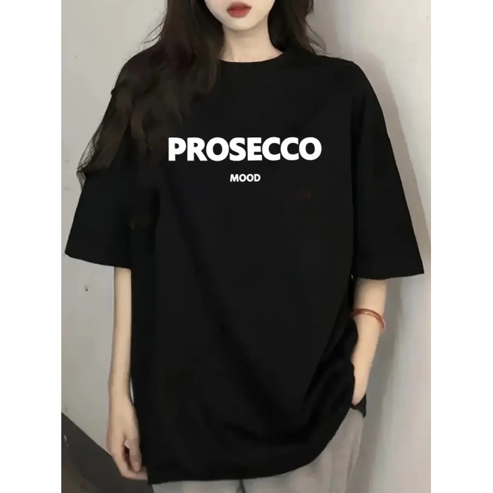 20/1 PENYE COMPACK BASKILI OVERSİZE KISA KOL BİSİKLET YAKA T-SHİRT - SİYAH