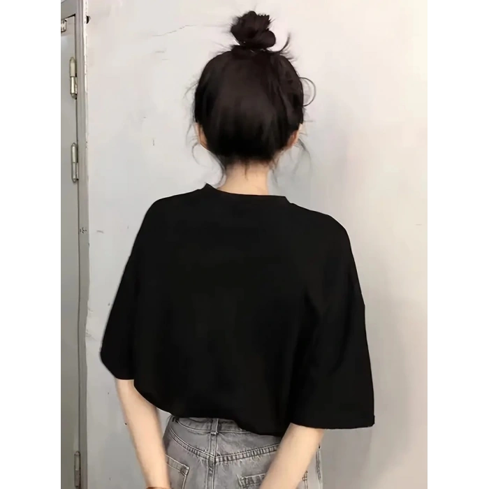 20/1 PENYE COMPACK BASKILI OVERSİZE KISA KOL BİSİKLET YAKA T-SHİRT - SİYAH