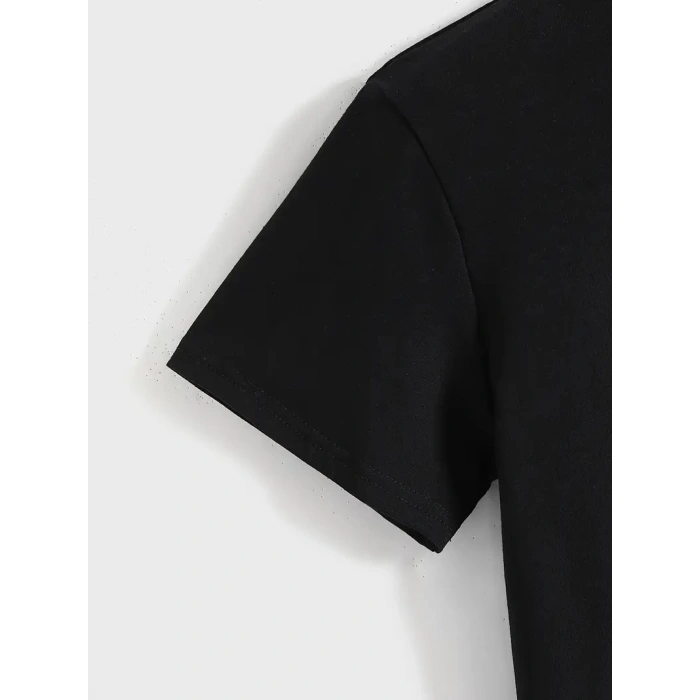 20/1 PENYE COMPACK BASKILI OVERSİZE KISA KOL BİSİKLET YAKA T-SHİRT - SİYAH