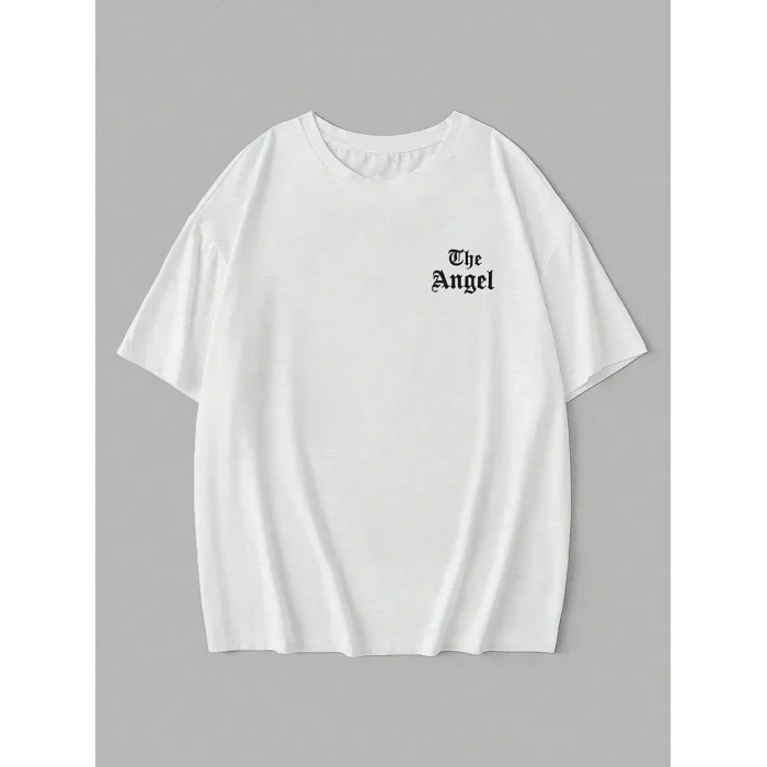 20/1 PENYE COMPACK DARK ANGEL BASKILI OVERSİZE KISA KOL YAZLIK T-SHİRT- BEYAZ
