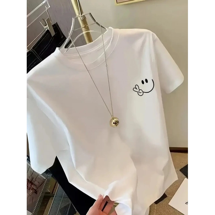 20/1 PENYE COMPACK GÜLÜCÜK BASKILI OVERSİZE BİSİKLET YAKA KISA KOL YAZLIK T-SHİRT - BEYAZ