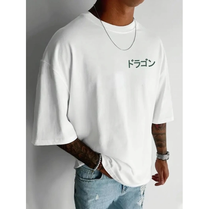 20/1 Penye Compack Ön Arka Ejder Baskılı Oversize Bisiklet Yaka T-shirt - Beyaz