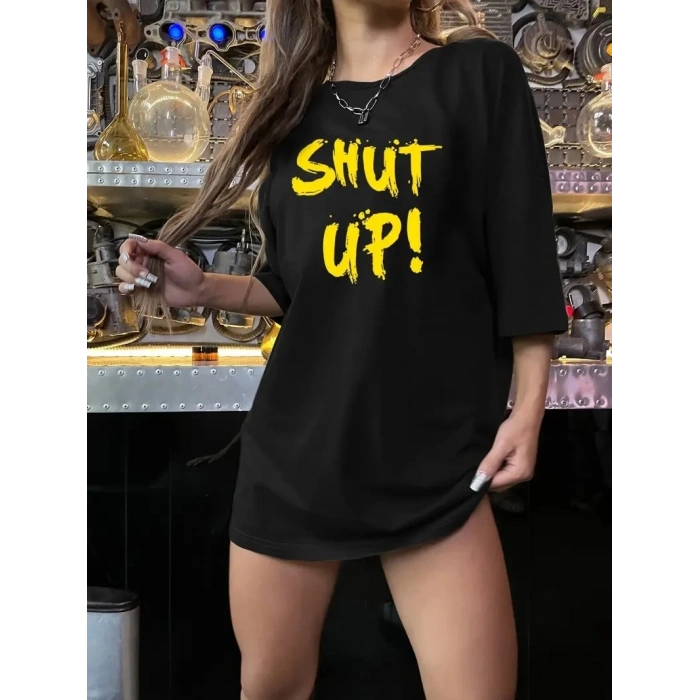 20/1 PENYE COMPACK SHUT UP BASKILI OVERSİZE BİSİKLET YAKA KISA KOL T-SHİRT - SİYAH