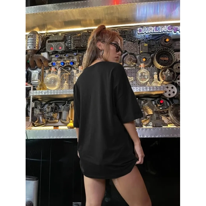 20/1 PENYE COMPACK SHUT UP BASKILI OVERSİZE BİSİKLET YAKA KISA KOL T-SHİRT - SİYAH