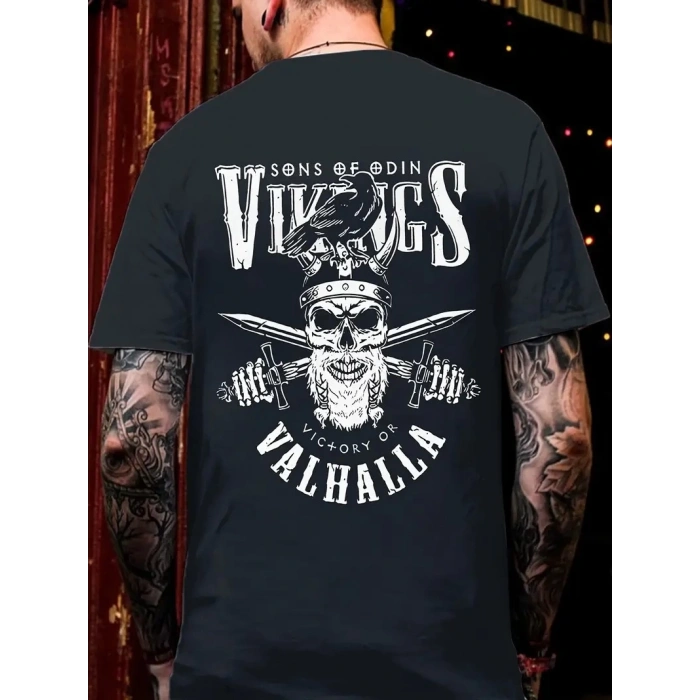 20/1 Penye Compack Vikings Valhalla Baskılı Oversize Bisiklet Yaka T-shirt - Siyah