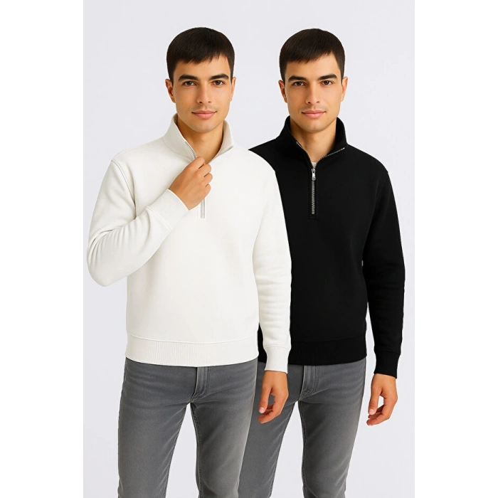 2li Paket Comfort Fit Dik Yaka Dokulu Yarım Fermuarlı Waffle Sweatshirt