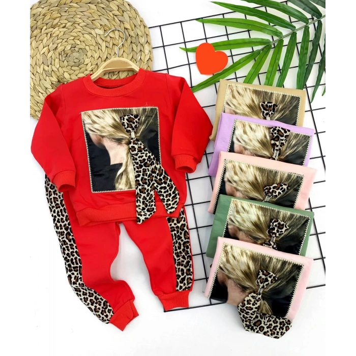 3-4-5-6 Yaş Lepoar Tokalı Leopar Şerit 2Li Kız Çocuk Takımı Pudra