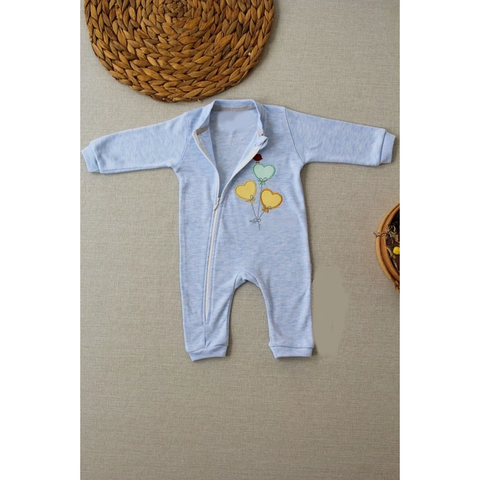 3-6 18-24 24-36 Ay Uçan Balonlar Nakışlı Ef Boy Fermuarlı Erkek Bebek Tulumu Mavi