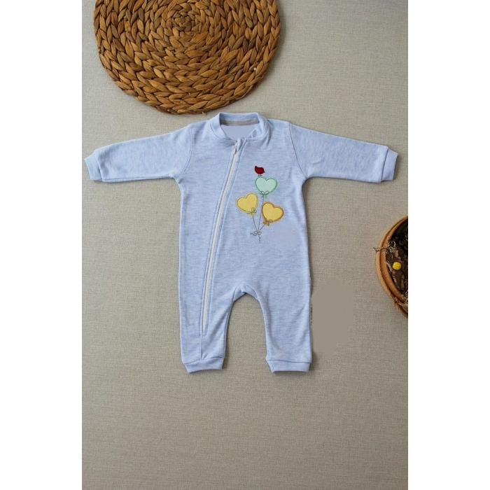 3-6 18-24 24-36 Ay Uçan Balonlar Nakışlı Ef Boy Fermuarlı Erkek Bebek Tulumu Mavi