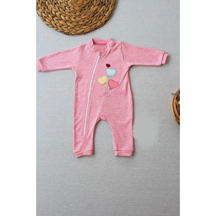 3-6 18-24 24-36 Ay Uçan Balonlar Nakışlı Ef Boy Fermuarlı Kız Bebek Tulumu Pembe