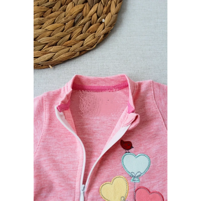 3-6 18-24 24-36 Ay Uçan Balonlar Nakışlı Ef Boy Fermuarlı Kız Bebek Tulumu Pembe