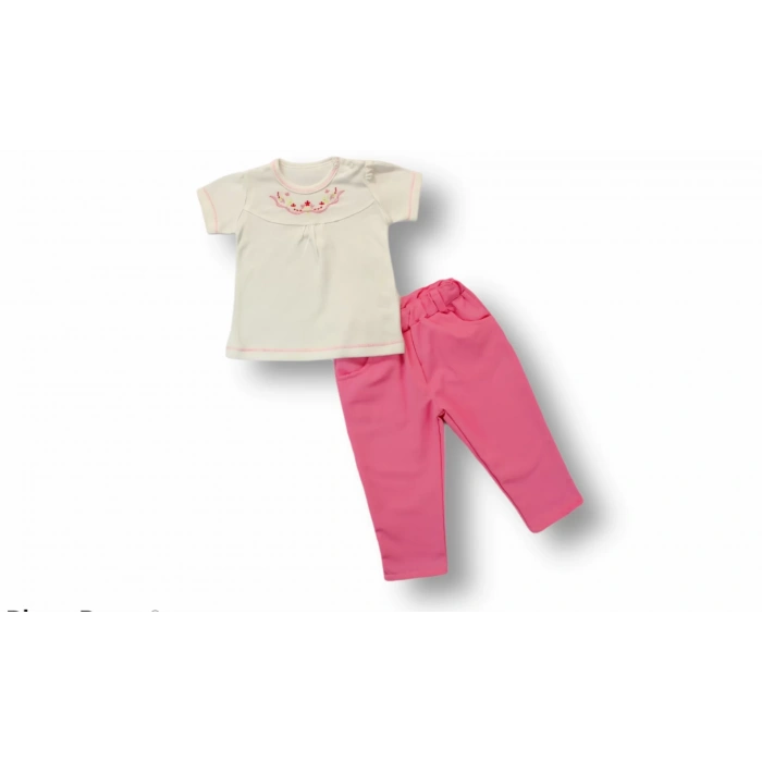 3-6 6-9 9-12 12-18 Ay Anadolu Çiçeği Nakışlı Kısa Kollu Sweatli 2Li Kız Bebek Takımı Pembe