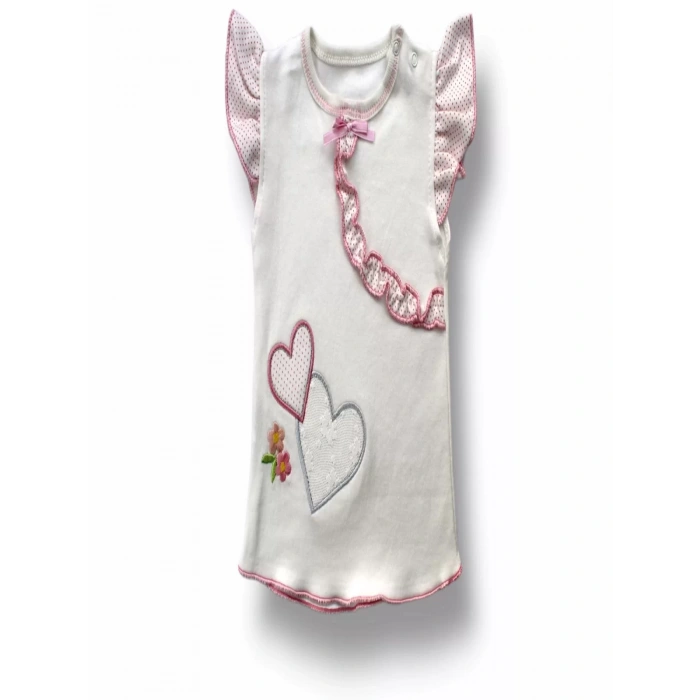 3-6 6-9 9-12 12-18 Ay Çift Kalp Nakışlı Şort Tişört 3Lü Kız Bebek Takımı Ekru