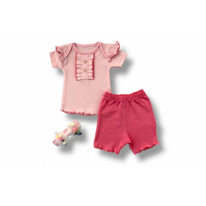 3-6 6-9 9-12 12-18 Ay Düğme Detaylı Bandanalı Kısa Kollu Sweat 3Lü Kız Bebek Takımı Pudra