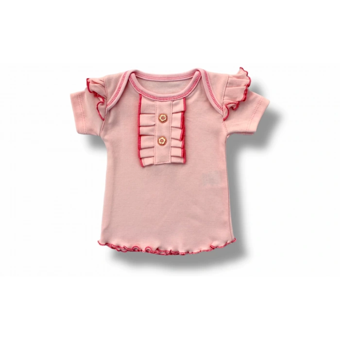 3-6 6-9 9-12 12-18 Ay Düğme Detaylı Bandanalı Kısa Kollu Sweat 3Lü Kız Bebek Takımı Pudra