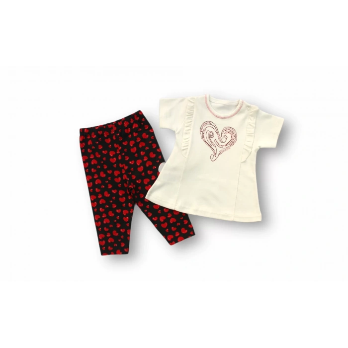 3-6 6-9 9-12 12-18 Ay Kalp Baskılı Uzun Kollu Sweatli 2Li Kız Bebek Takımı Ekru