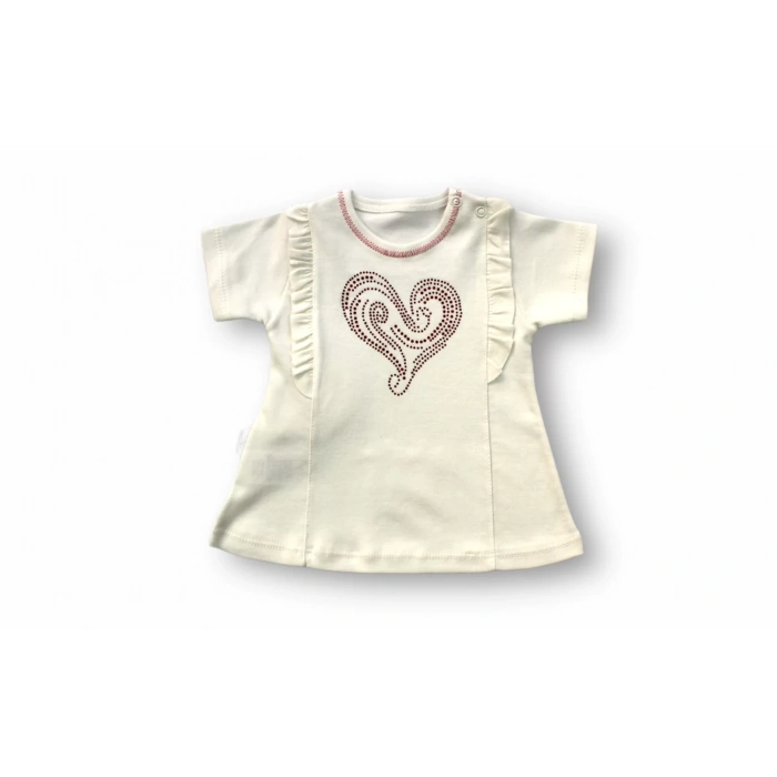 3-6 6-9 9-12 12-18 Ay Kalp Baskılı Uzun Kollu Sweatli 2Li Kız Bebek Takımı Ekru