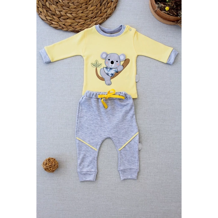 3-6 6-9 9-12 12-18 Ay Yavru Koala Nakışlı Uzun Kollu Sweat 2Li Kız Erkek Bebek Takımı Sarı