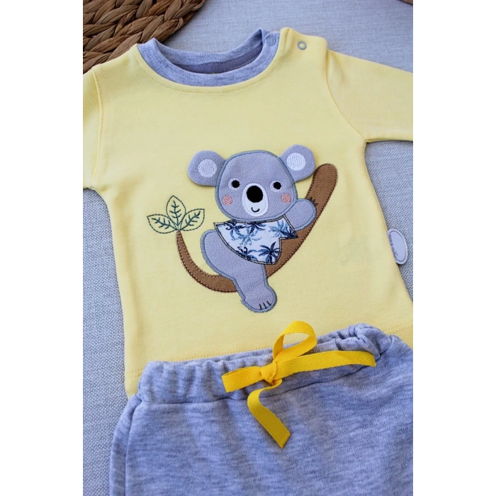 3-6 6-9 9-12 12-18 Ay Yavru Koala Nakışlı Uzun Kollu Sweat 2Li Kız Erkek Bebek Takımı Sarı