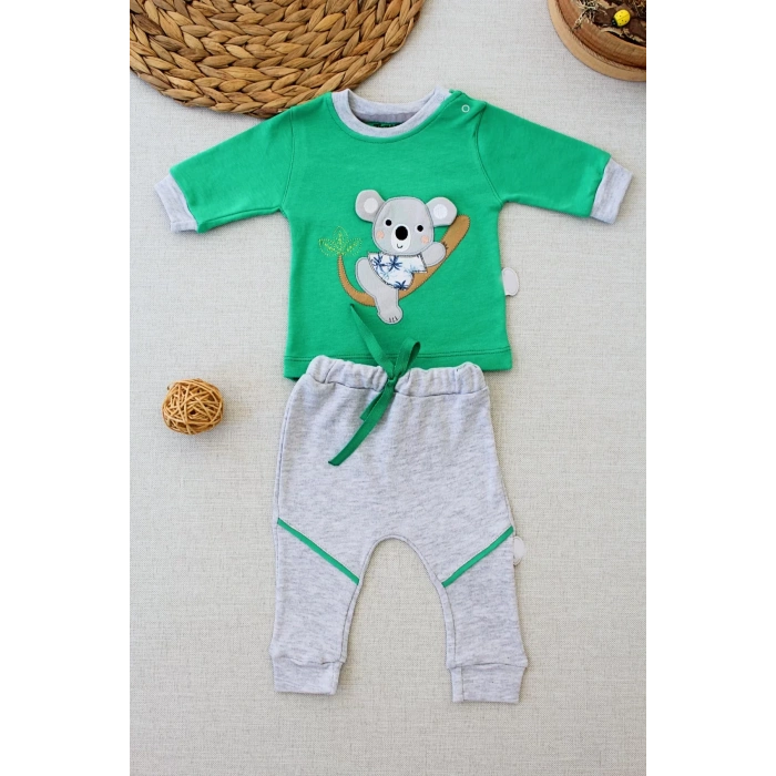 3-6 6-9 9-12 12-18 Ay Yavru Koala Nakışlı Uzun Kollu Sweat 2Li Kız Erkek Bebek Takımı Yeşil