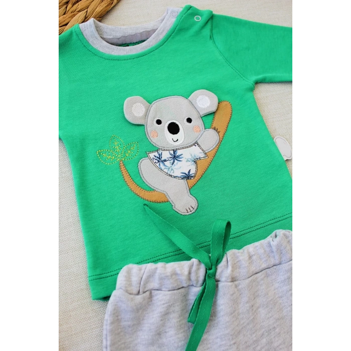 3-6 6-9 9-12 12-18 Ay Yavru Koala Nakışlı Uzun Kollu Sweat 2Li Kız Erkek Bebek Takımı Yeşil