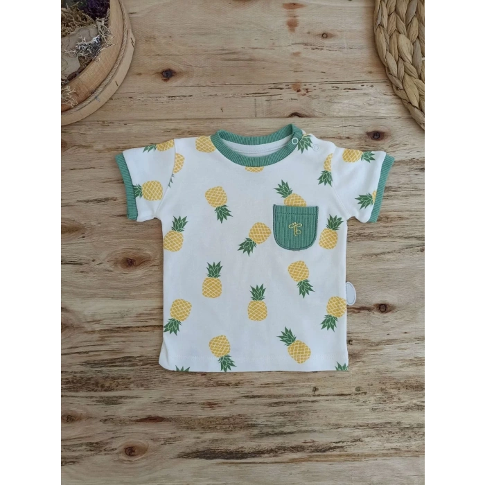 3-6 6-9 9-12 Ay Ananas Baskılı Şort Tişört 2 Li Kız Erkek Bebek Takımı Yeşil