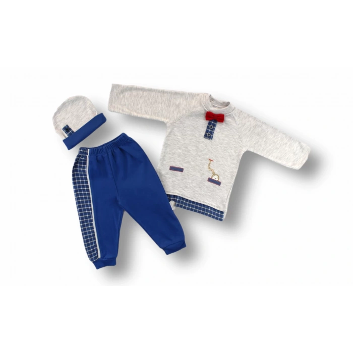 3-6 6-9 9-12 Ay Cep Saat Nakışlı Şapkalı Uzun Kollu Sweatli 3Lü Erkek Bebek Takımı Mavi