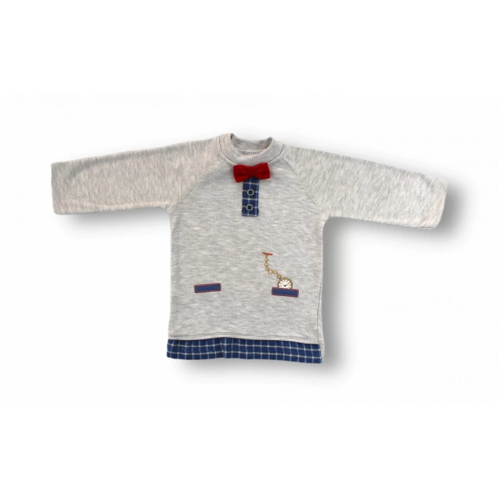 3-6 6-9 9-12 Ay Cep Saat Nakışlı Şapkalı Uzun Kollu Sweatli 3Lü Erkek Bebek Takımı Mavi