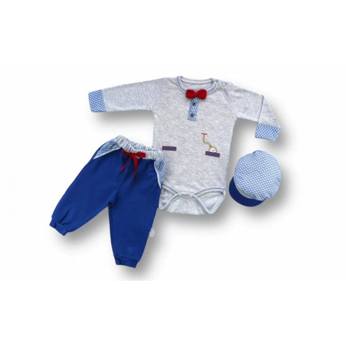 3-6 6-9 9-12 Ay Cep Saat Nakışlı Şapkalı Uzun Kollu Zıbınlı 3Lü Erkek Bebek Takımı Mavi
