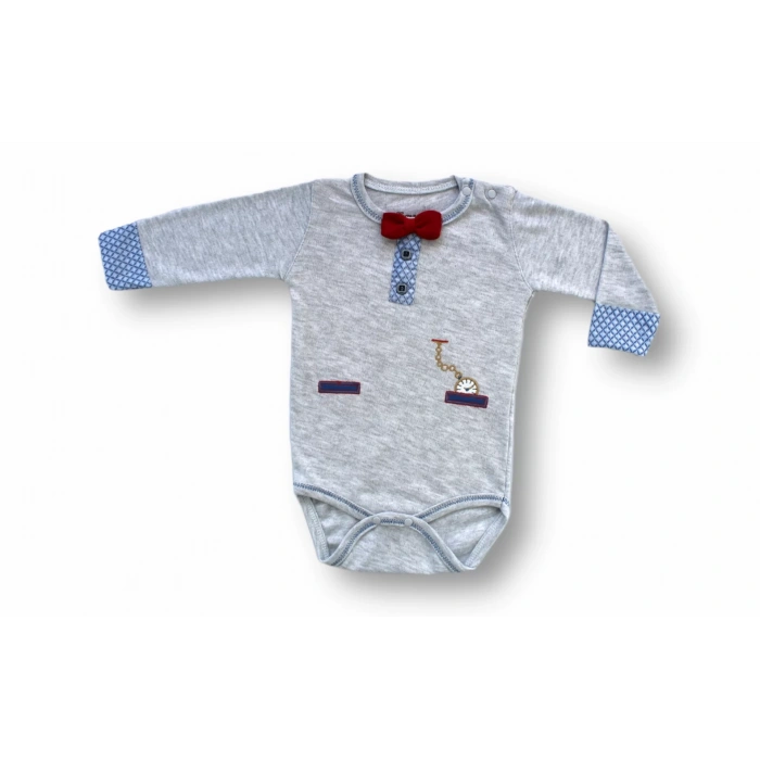 3-6 6-9 9-12 Ay Cep Saat Nakışlı Şapkalı Uzun Kollu Zıbınlı 3Lü Erkek Bebek Takımı Mavi