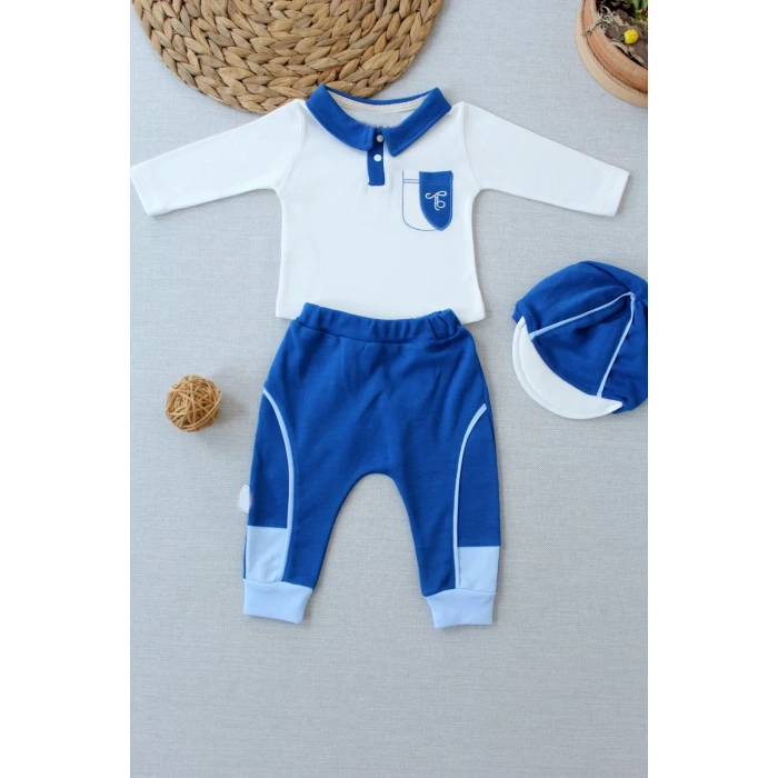 3-6 6-9 9-12 Ay Efendi Nakışlı Cep Şapkalı Uzun Kollu Sweat 3Lü Erkek Bebek Takımı İndigo