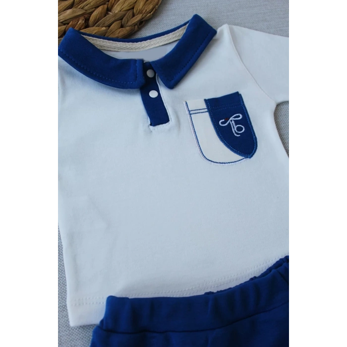 3-6 6-9 9-12 Ay Efendi Nakışlı Cep Şapkalı Uzun Kollu Sweat 3Lü Erkek Bebek Takımı İndigo