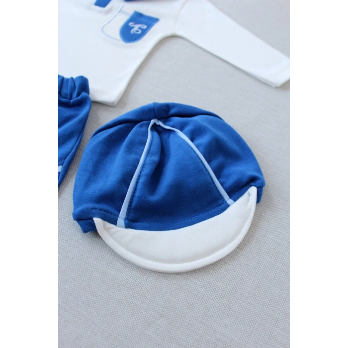 3-6 6-9 9-12 Ay Efendi Nakışlı Cep Şapkalı Uzun Kollu Sweat 3Lü Erkek Bebek Takımı İndigo