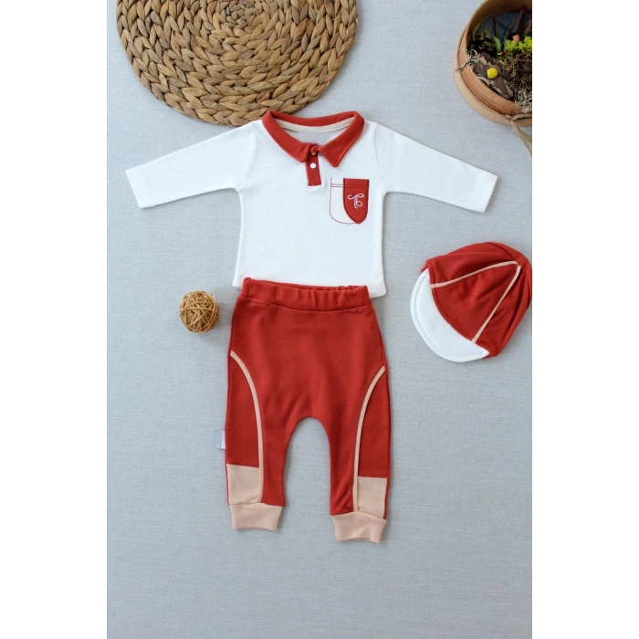 3-6 6-9 9-12 Ay Efendi Nakışlı Cep Şapkalı Uzun Kollu Sweat 3Lü Erkek Bebek Takımı Kiremit