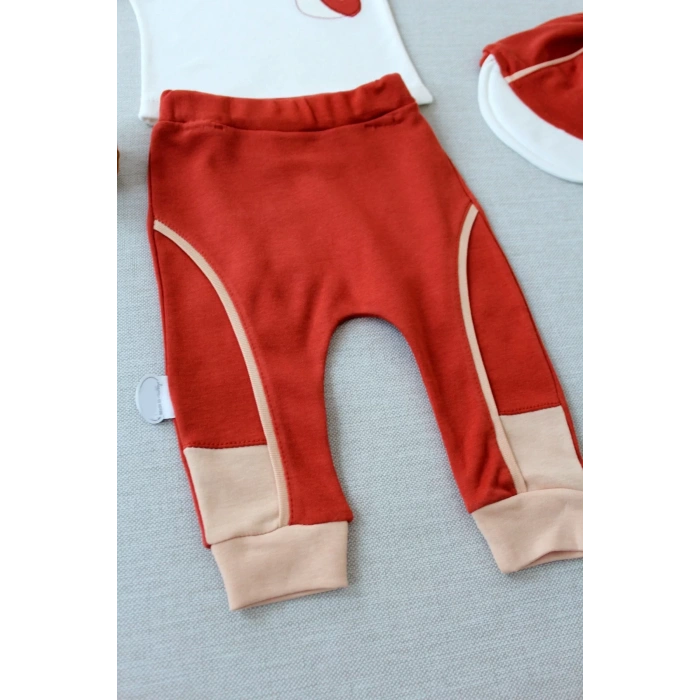 3-6 6-9 9-12 Ay Efendi Nakışlı Cep Şapkalı Uzun Kollu Sweat 3Lü Erkek Bebek Takımı Kiremit