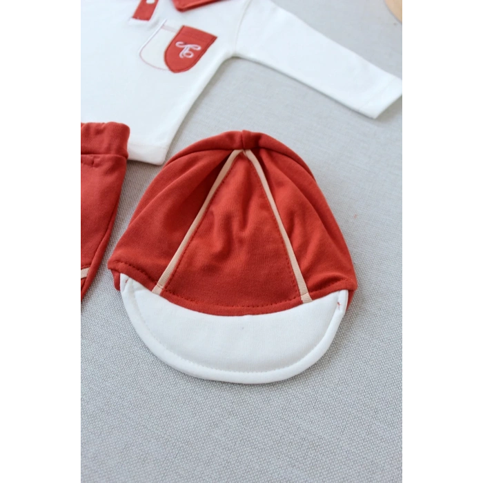 3-6 6-9 9-12 Ay Efendi Nakışlı Cep Şapkalı Uzun Kollu Sweat 3Lü Erkek Bebek Takımı Kiremit