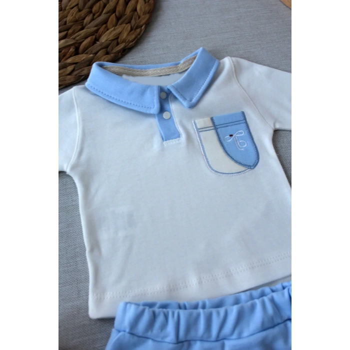 3-6 6-9 9-12 Ay Efendi Nakışlı Cep Şapkalı Uzun Kollu Sweat 3Lü Erkek Bebek Takımı Mavi