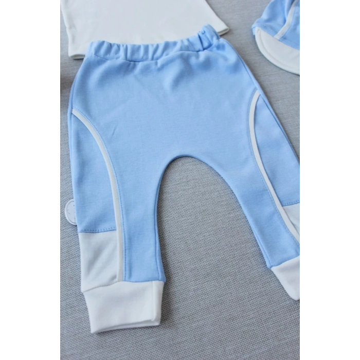 3-6 6-9 9-12 Ay Efendi Nakışlı Cep Şapkalı Uzun Kollu Sweat 3Lü Erkek Bebek Takımı Mavi