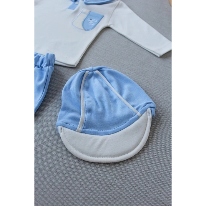 3-6 6-9 9-12 Ay Efendi Nakışlı Cep Şapkalı Uzun Kollu Sweat 3Lü Erkek Bebek Takımı Mavi