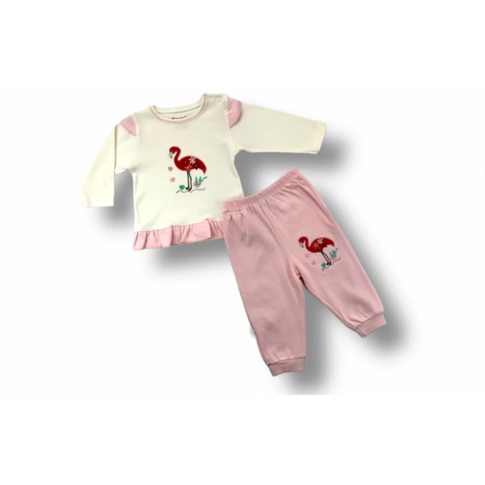 3-6 6-9 9-12 Ay Flamingo Nakışlı Uzun Kollu Sweatli 2Li Kız Bebek Takımı Ekru