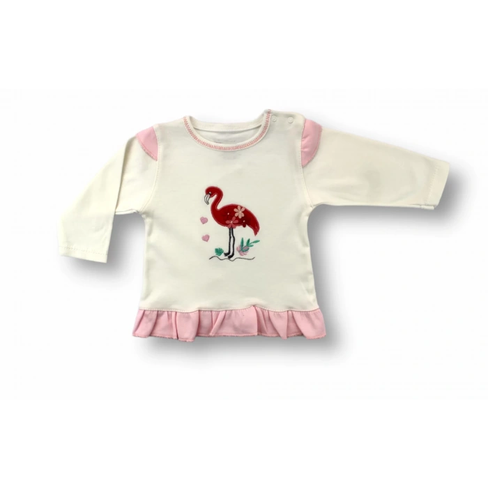 3-6 6-9 9-12 Ay Flamingo Nakışlı Uzun Kollu Sweatli 2Li Kız Bebek Takımı Ekru