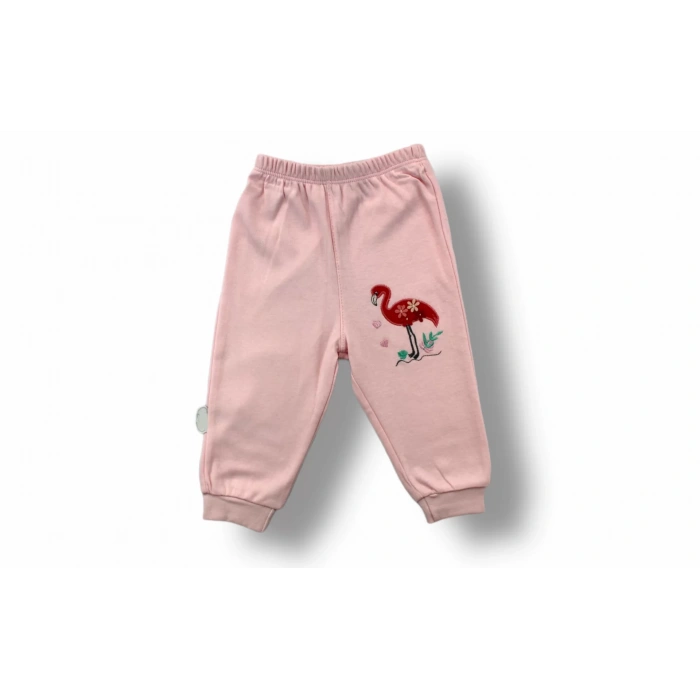 3-6 6-9 9-12 Ay Flamingo Nakışlı Uzun Kollu Sweatli 2Li Kız Bebek Takımı Ekru