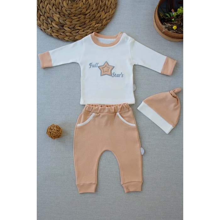 3-6 6-9 9-12 Ay Full Star Nakışlı Şapkalı Uzun Kollu Sweat 3Lü Erkek Bebek Takımı Buğday