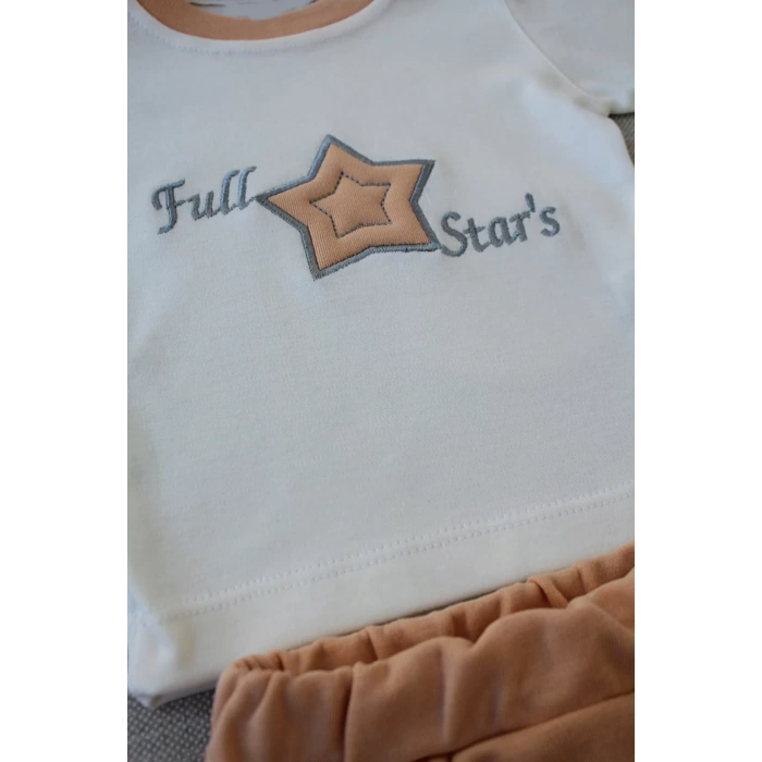 3-6 6-9 9-12 Ay Full Star Nakışlı Şapkalı Uzun Kollu Sweat 3Lü Erkek Bebek Takımı Buğday